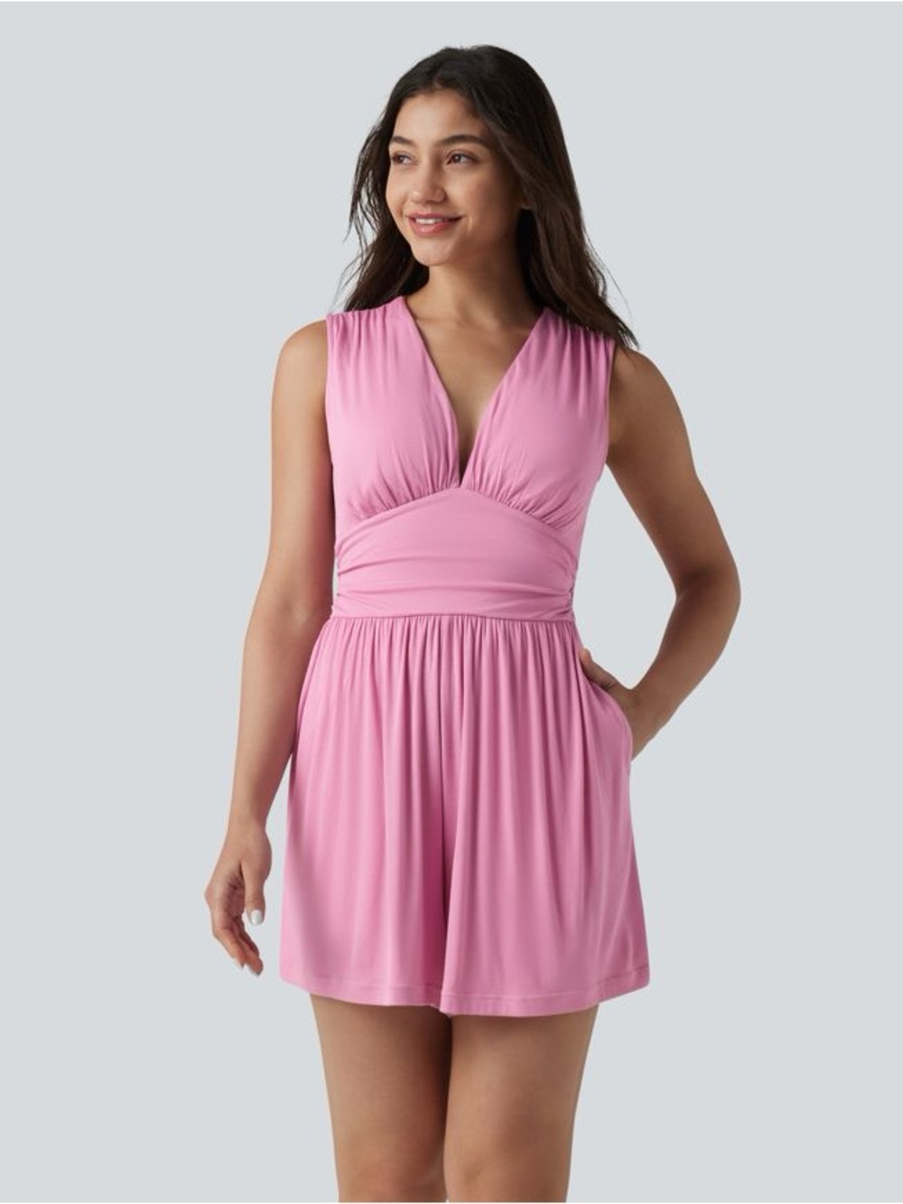 HALARA Ribbed V-neck Sleeveless Ruched Built-in
Bra Casual Romper with Pockets S